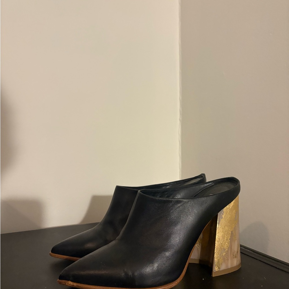 Eugenia Kim Black Mules with Gold Block Heels